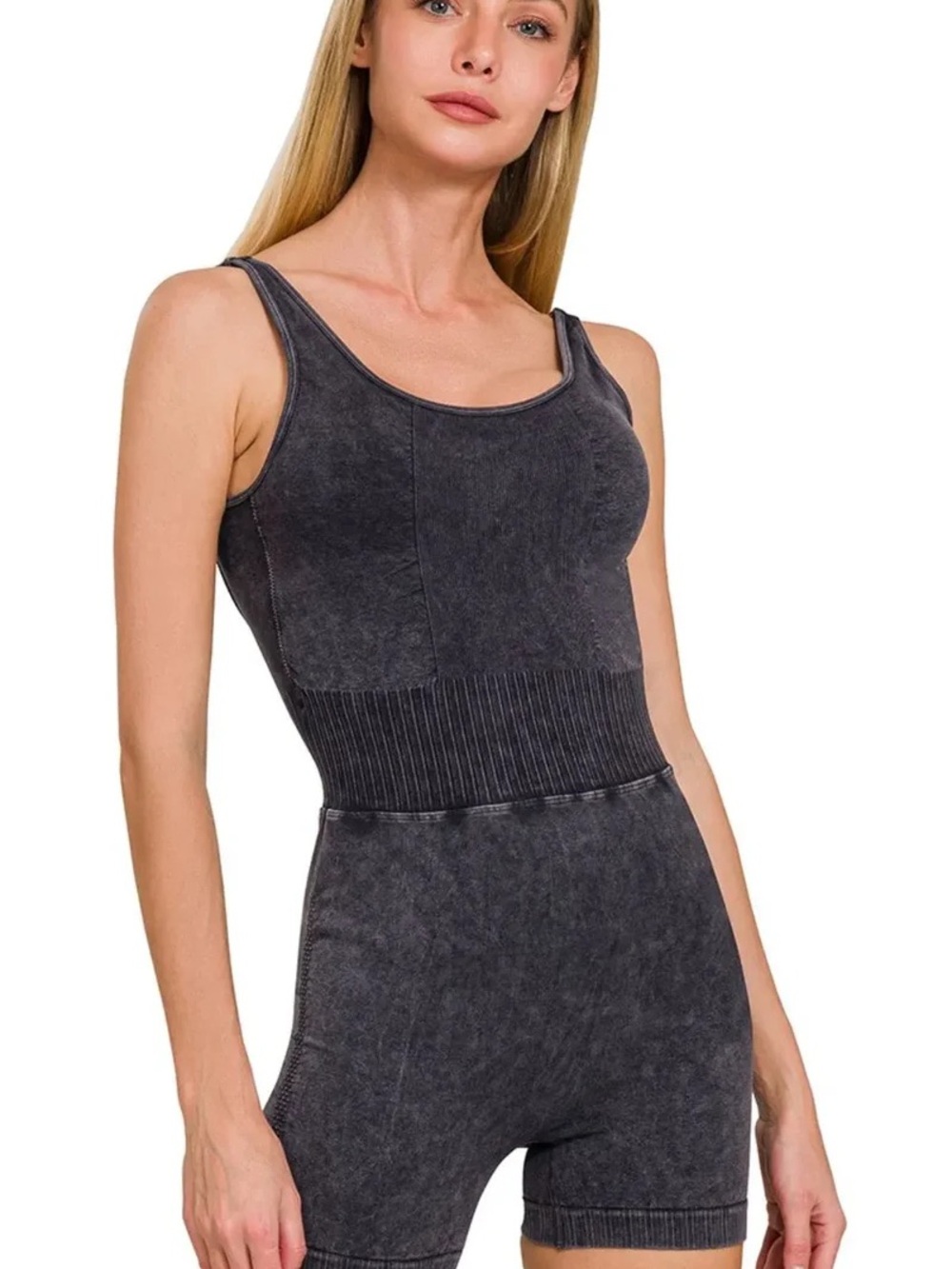 Zenana Outfitters Charcoal Rib-Waist Seamless Bodysuit Romper